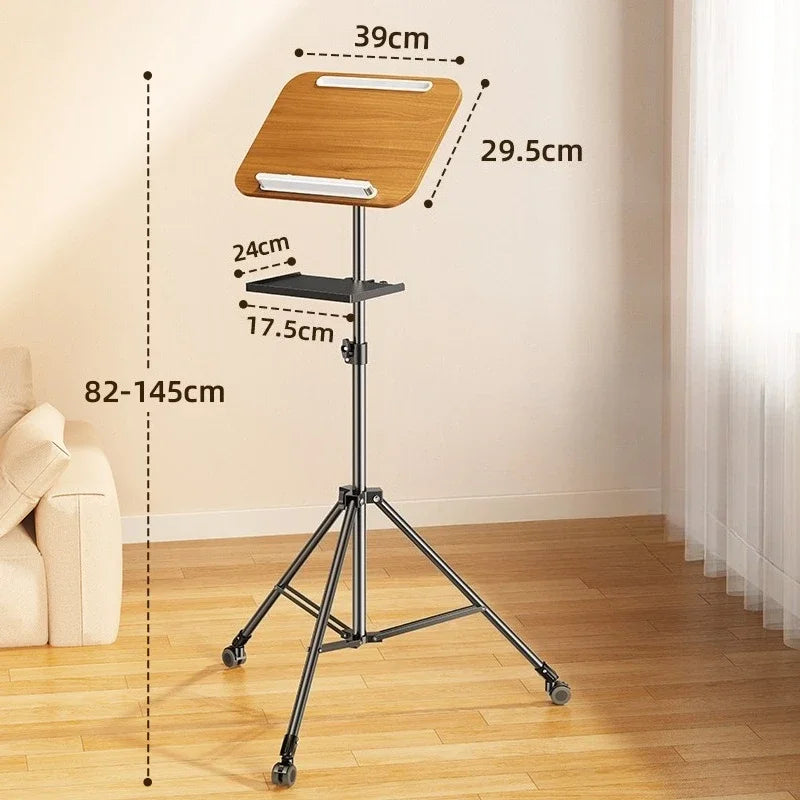 Eary Wooden Laptop Stand Portable Tripod Floor Holder Mobile Stand Up Desks with Wheels 32-57" Height Home Office Rolling Desks