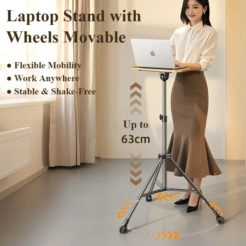 Eary Wooden Laptop Stand Portable Tripod Floor Holder Mobile Stand Up Desks with Wheels 32-57" Height Home Office Rolling Desks