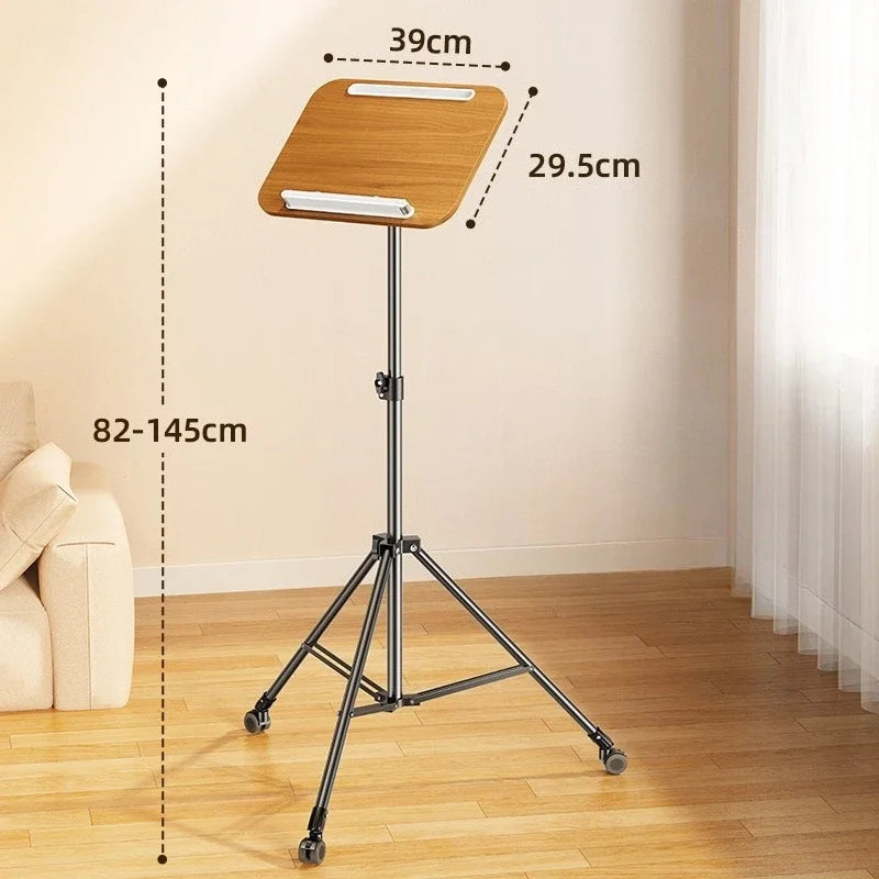 Eary Wooden Laptop Stand Portable Tripod Floor Holder Mobile Stand Up Desks with Wheels 32-57" Height Home Office Rolling Desks