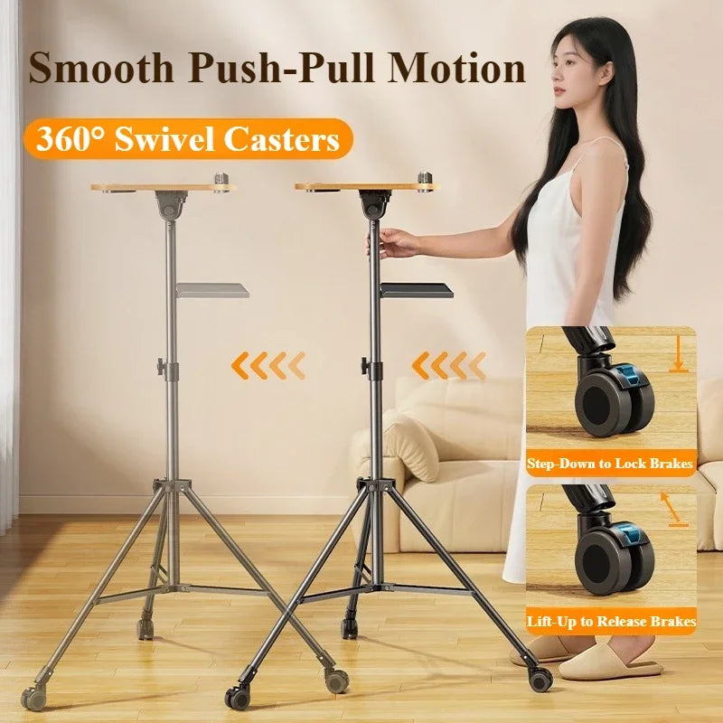 Eary Wooden Laptop Stand Portable Tripod Floor Holder Mobile Stand Up Desks with Wheels 32-57" Height Home Office Rolling Desks